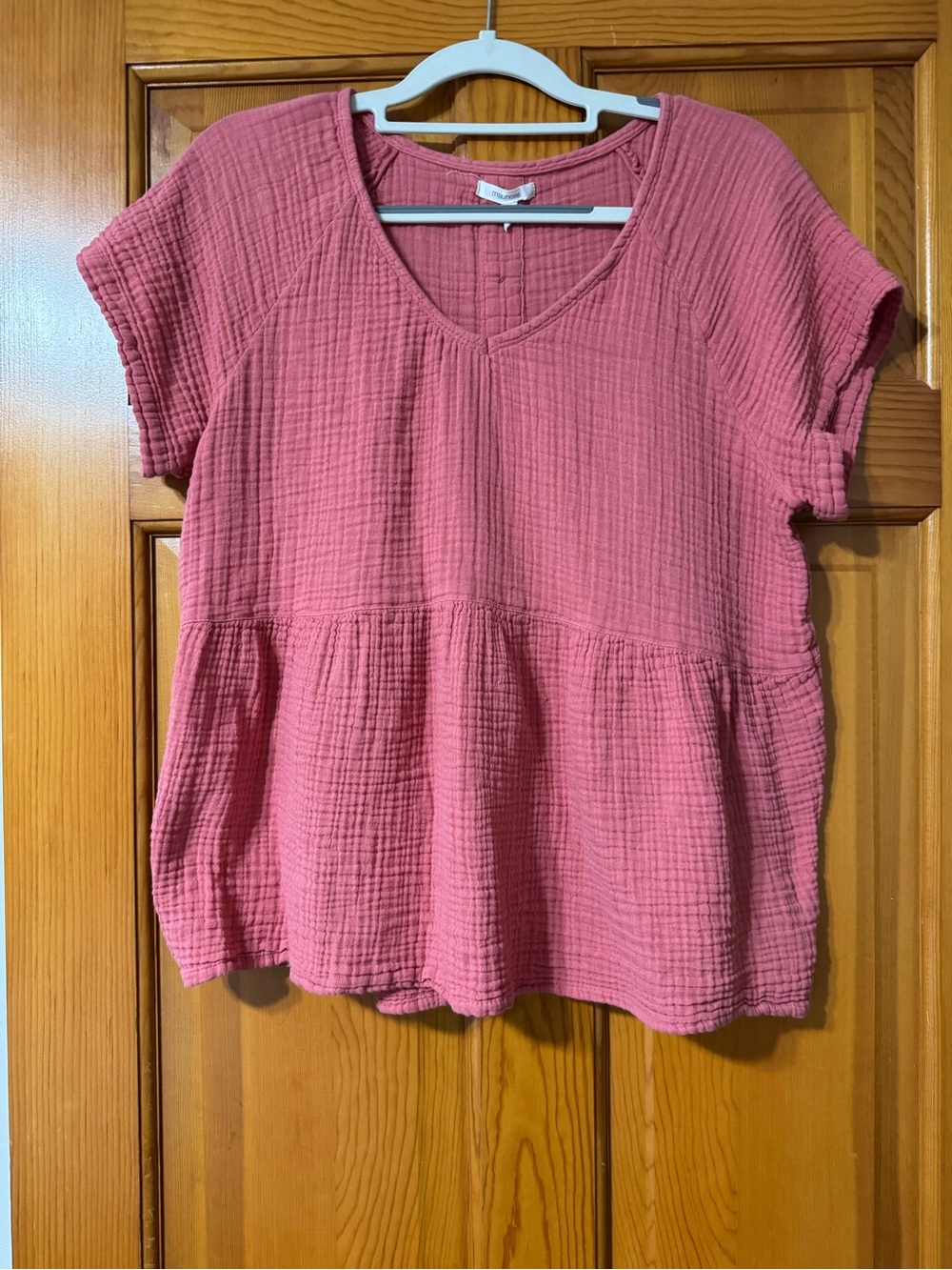 Maurices Rose Pink Gauze V-Neck Peplum Short Sleeve Top